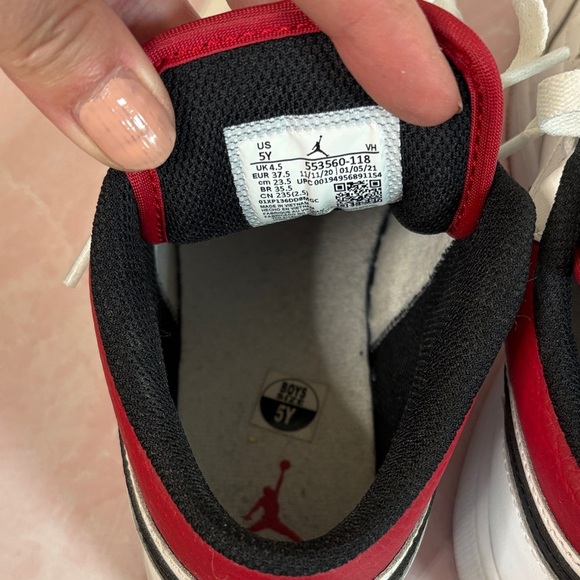 Nike Air Jordan Kids White and Red Sneakers with Black Accents - Picture 3 of 7